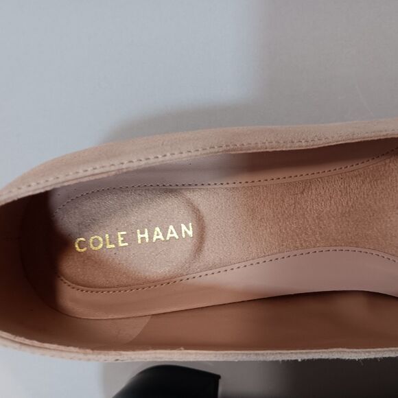 Cole Haan W26302 Suede Cap Toe Block Heel Pumps Tan/Nude Black Patent 8B - Picture 7 of 11